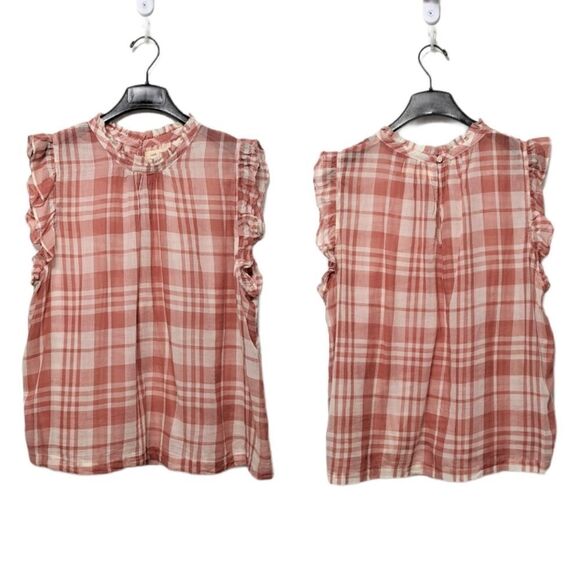 Anthropologie Pink Plaid Ruffle Sleeve Top - Picture 1 of 5